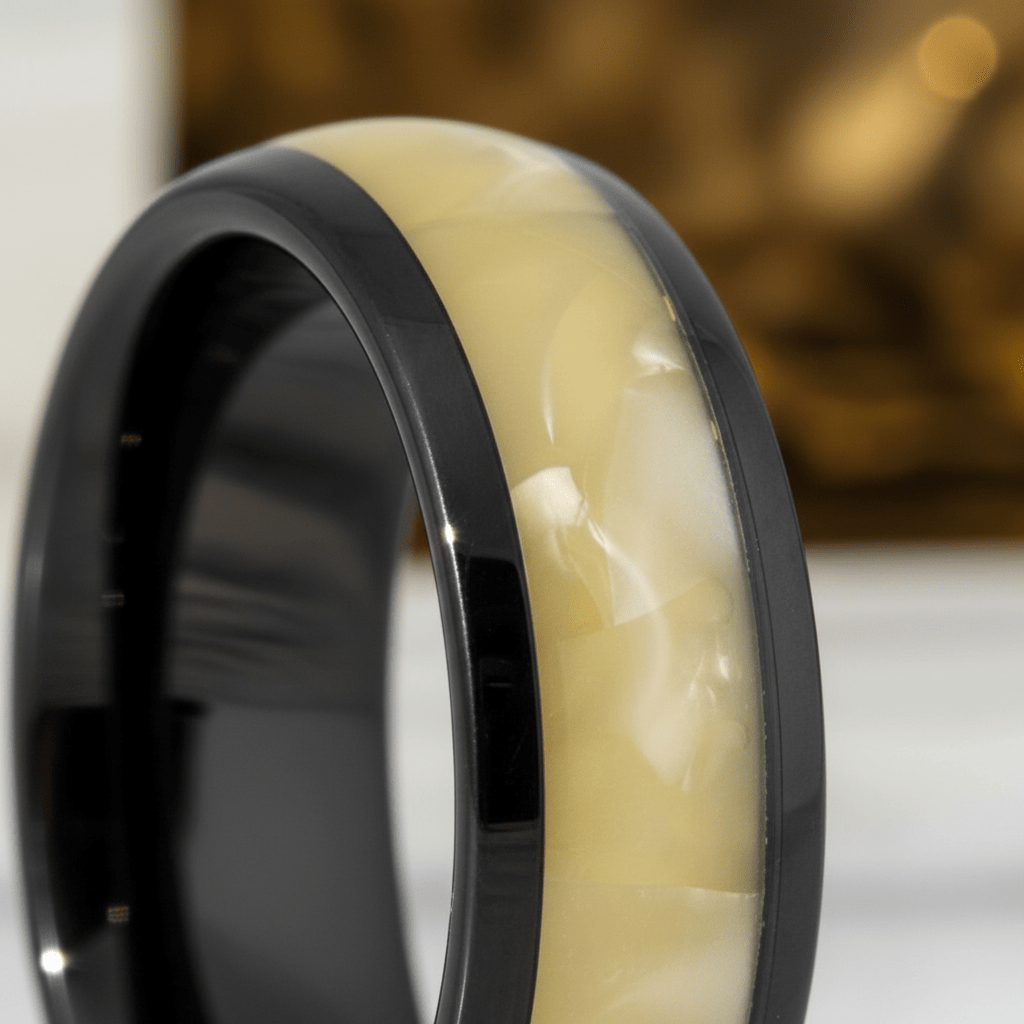 SOLSTICE — Extreme macro detail — men's tungsten wedding ring.