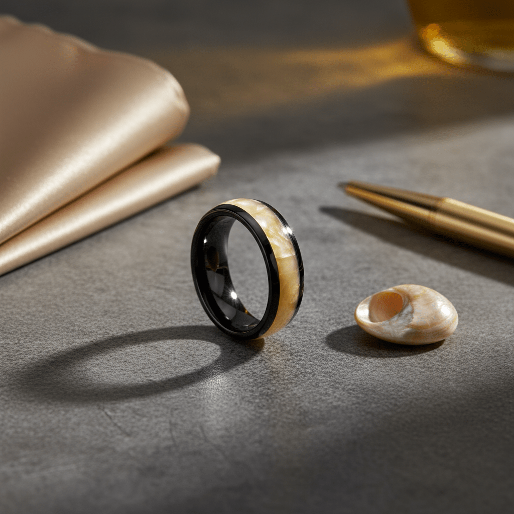 SOLSTICE — Editorial masculine still life — men's tungsten wedding ring.