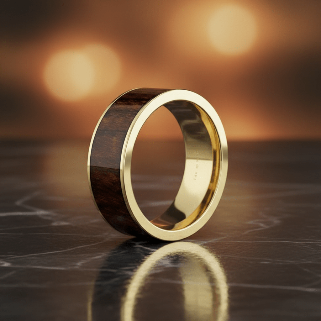 Carpathian Wood inlay 14k yellow gold wedding band 8mm, additional view 11