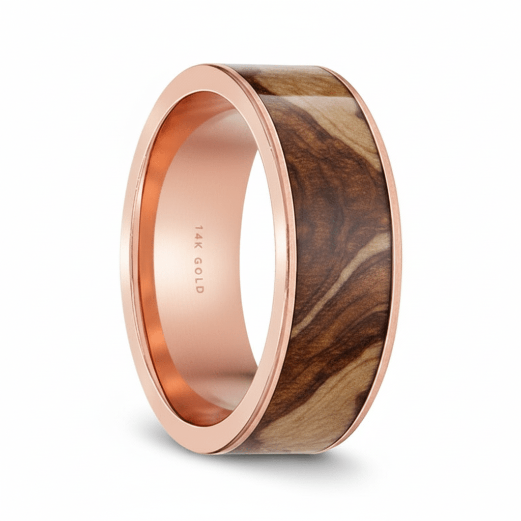 Carpathian Wood inlay 14k yellow gold wedding band 8mm, additional view 9