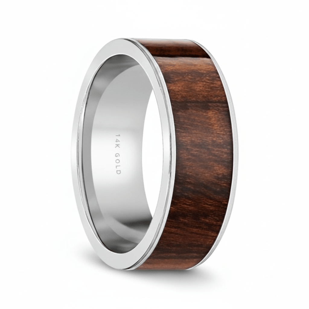 Carpathian Wood inlay 14k yellow gold wedding band 8mm, additional view 7