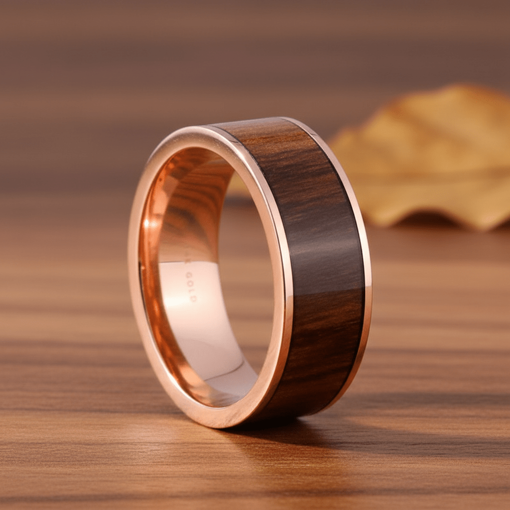 Carpathian Wood inlay 14k yellow gold wedding band 8mm, additional view 13