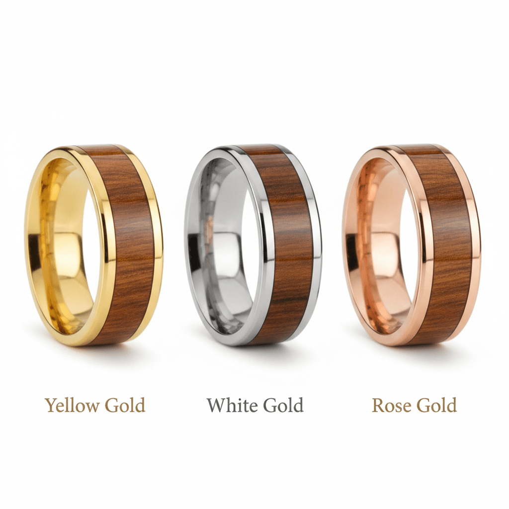 Carpathian Wood inlay 14k yellow gold wedding band 8mm, top view