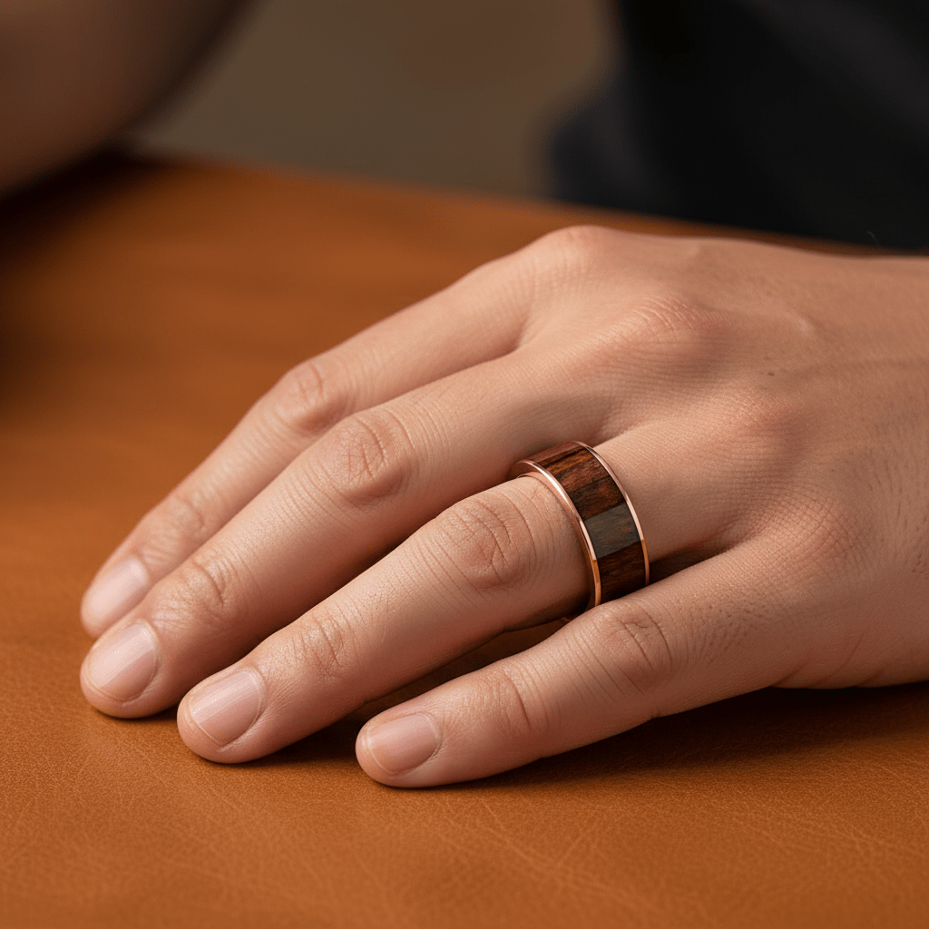 Carpathian Wood inlay 14k yellow gold wedding band 8mm, additional view 10