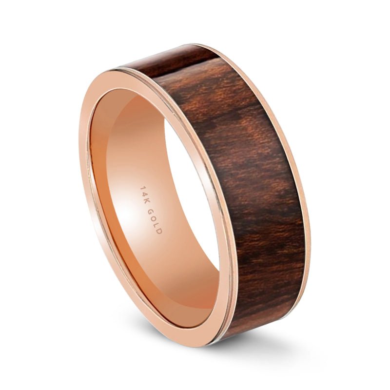 Carpathian Wood inlay 14k yellow gold wedding band 8mm, close-up of inlay