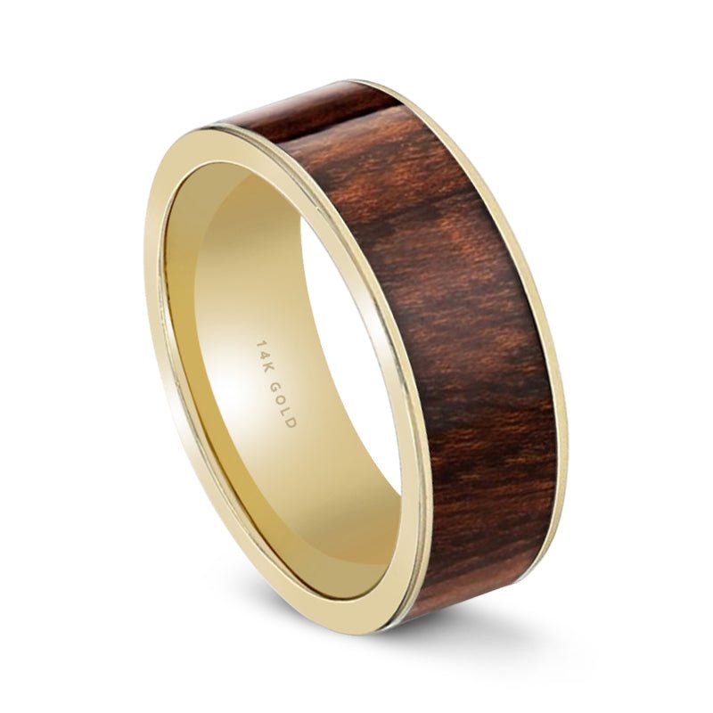 Carpathian Wood inlay 14k yellow gold wedding band 8mm, angled view