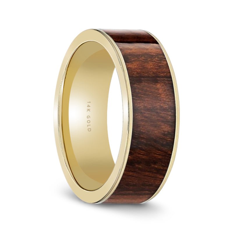 Carpathian Wood inlay 14k yellow gold wedding band 8mm, side profile