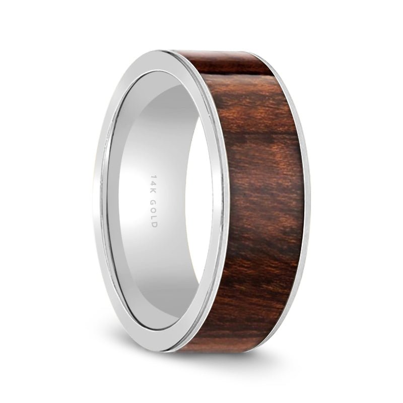 Carpathian Wood inlay 14k yellow gold wedding band 8mm, on the hand