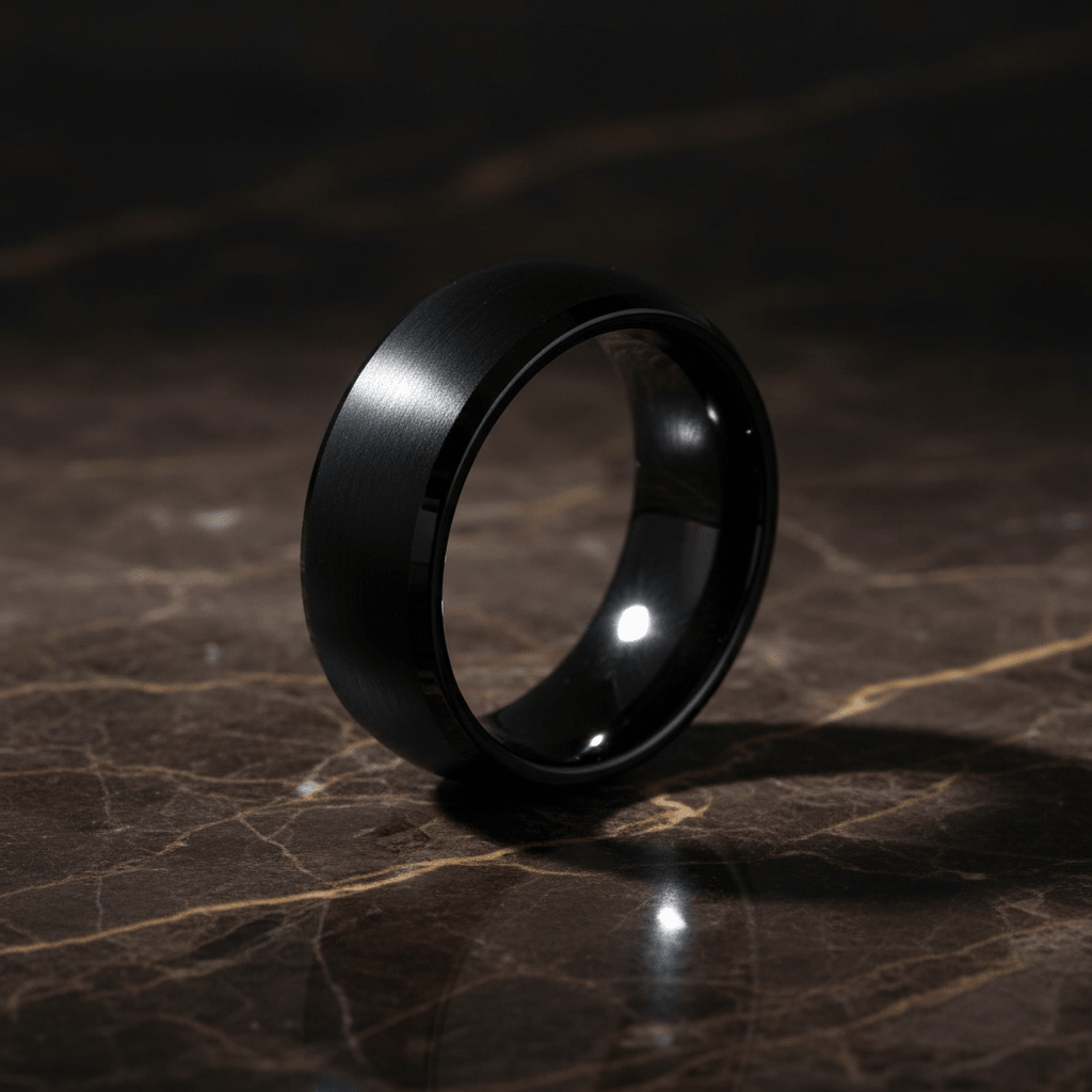 SPADE — Luxury 3/4 angle on dark marble — men's tungsten wedding ring.