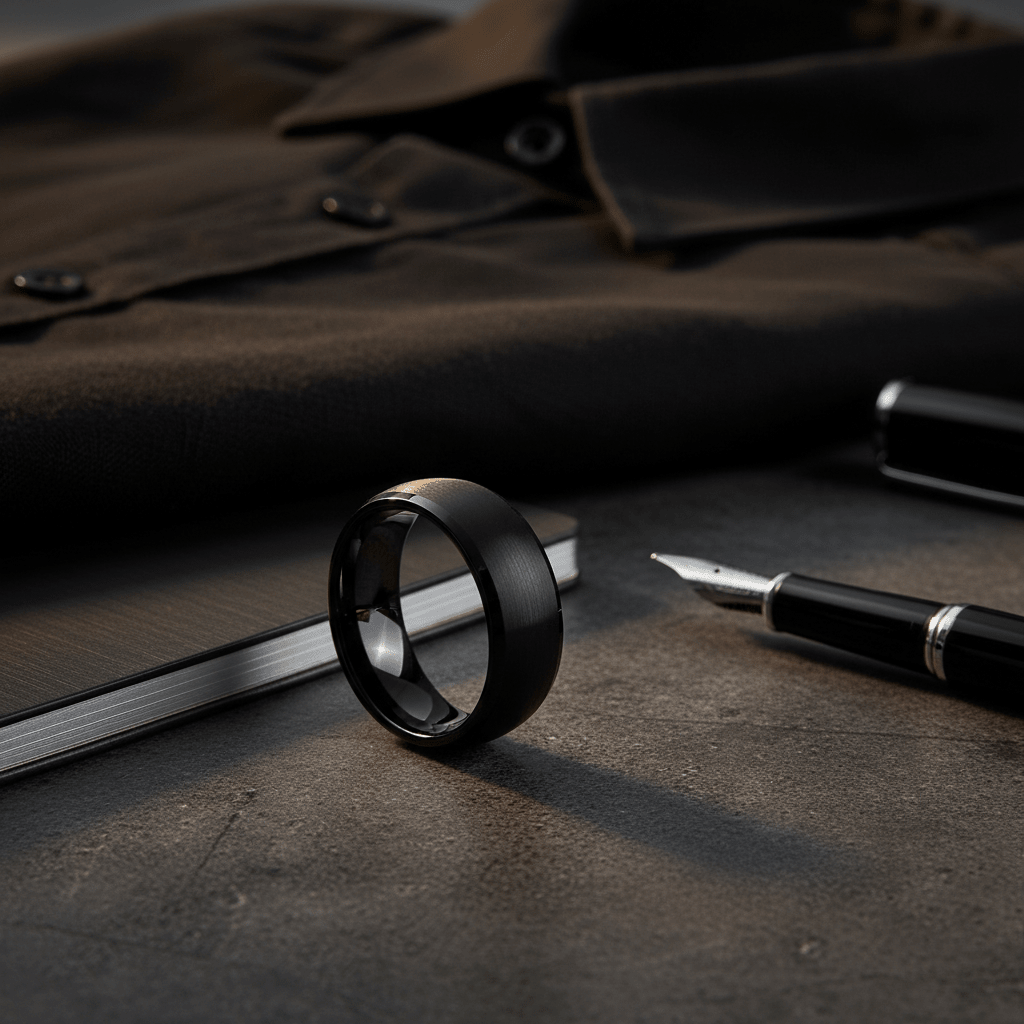 SPADE — Editorial masculine still life — men's tungsten wedding ring.