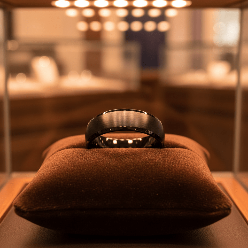 SPADE — Premium boutique display on velvet — men's tungsten wedding ring.