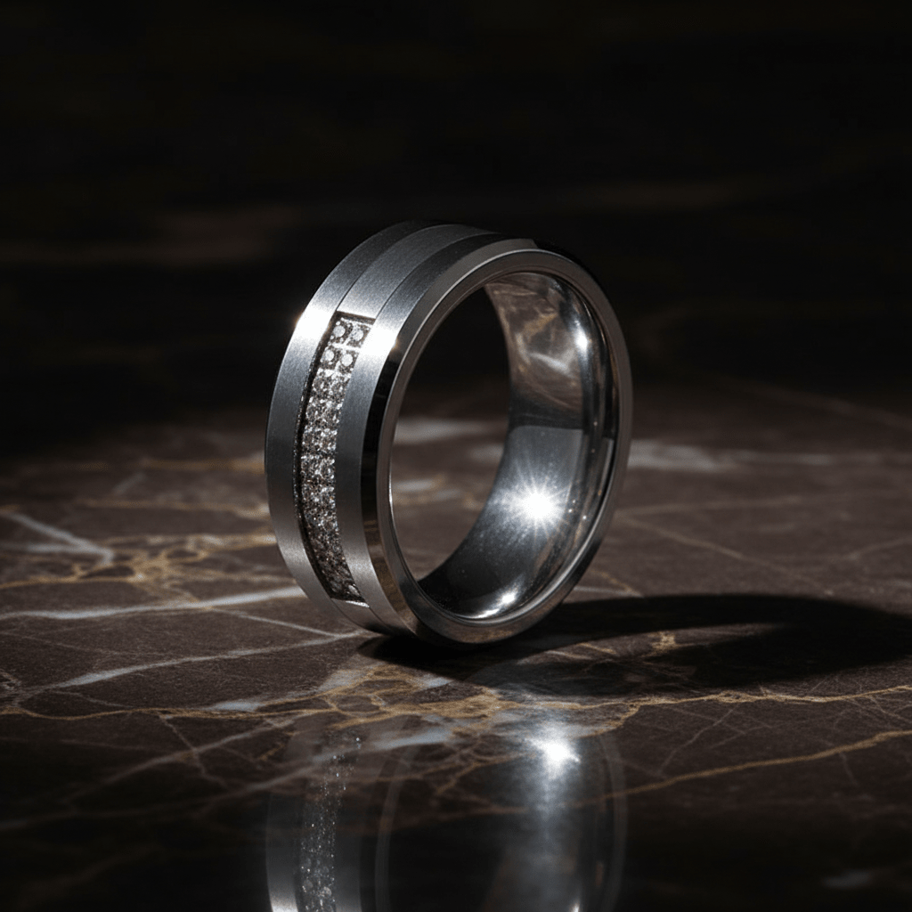 SPARKLUXE — alternate angle — men's tungsten carbide wedding ring | Aydins Jewelry