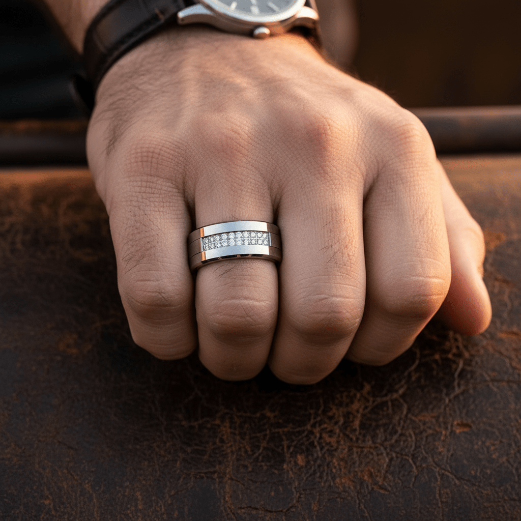 SPARKLUXE — angled view — men's tungsten carbide wedding ring | Aydins Jewelry