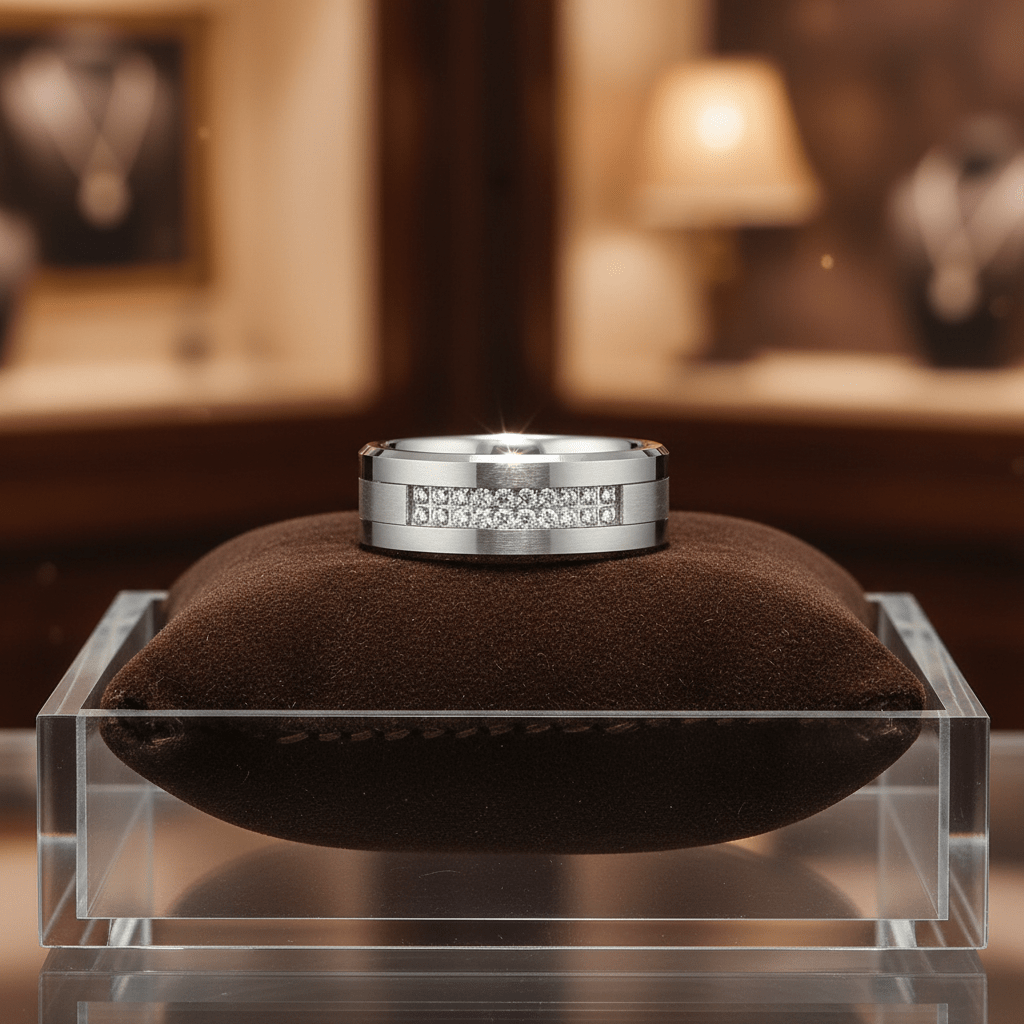 SPARKLUXE — close-up detail — men's tungsten carbide wedding ring | Aydins Jewelry