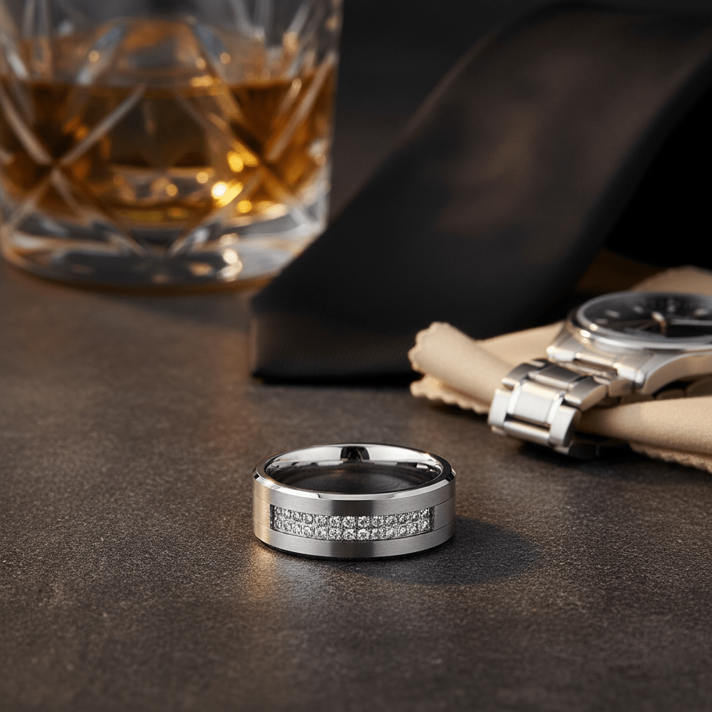 SPARKLUXE — close-up detail — men's tungsten carbide wedding ring | Aydins Jewelry