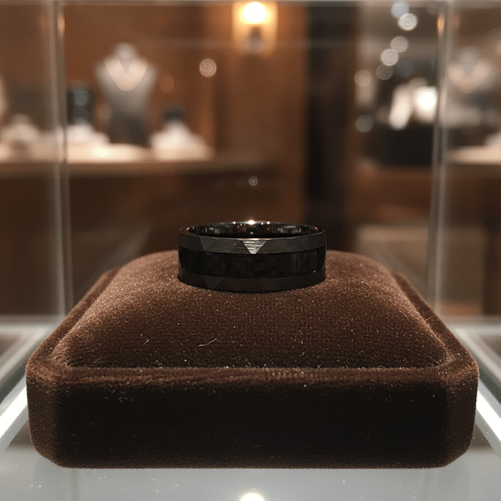 SPEEDSTER — Premium boutique display on velvet — men's tungsten wedding ring.