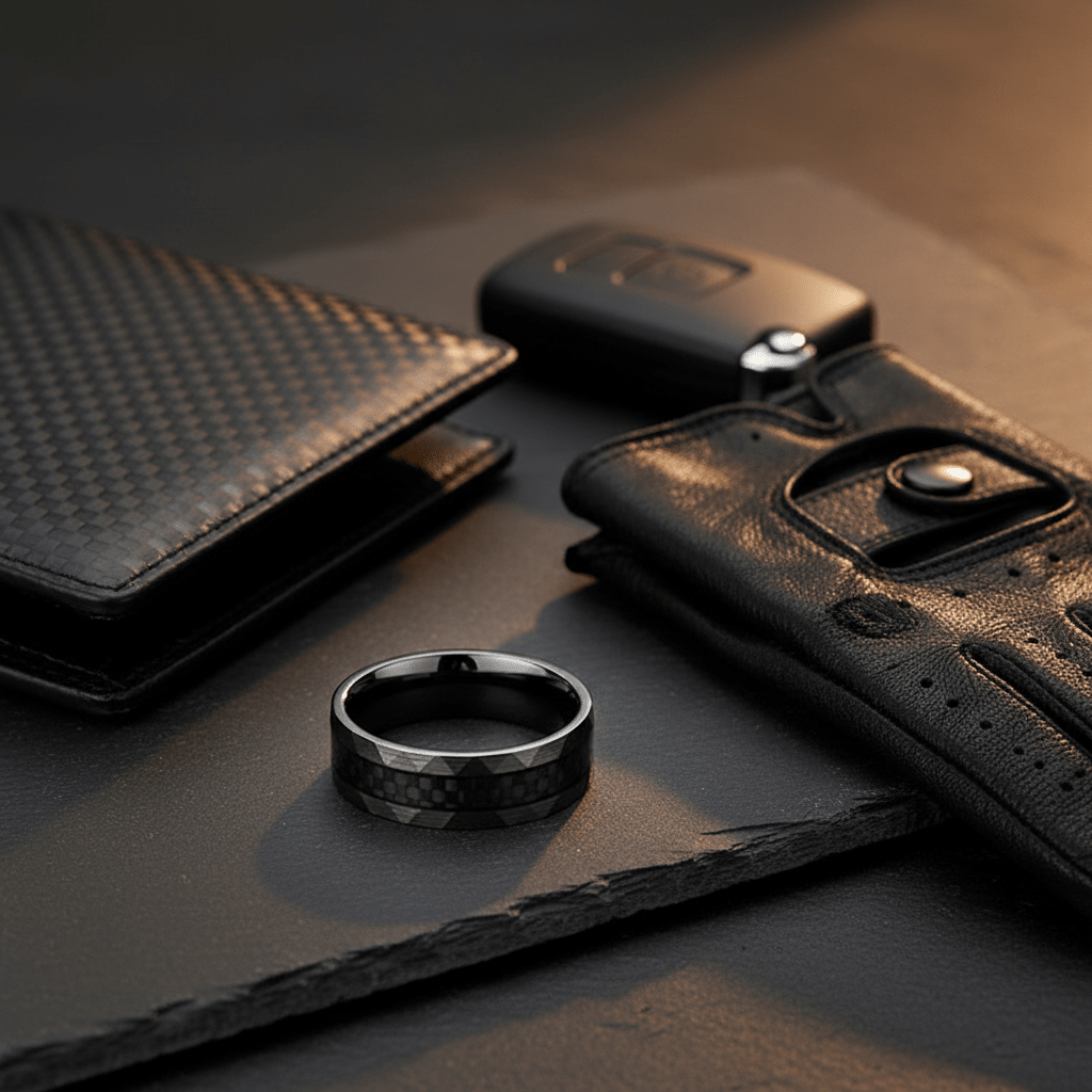SPEEDSTER — Editorial masculine still life — men's tungsten wedding ring.