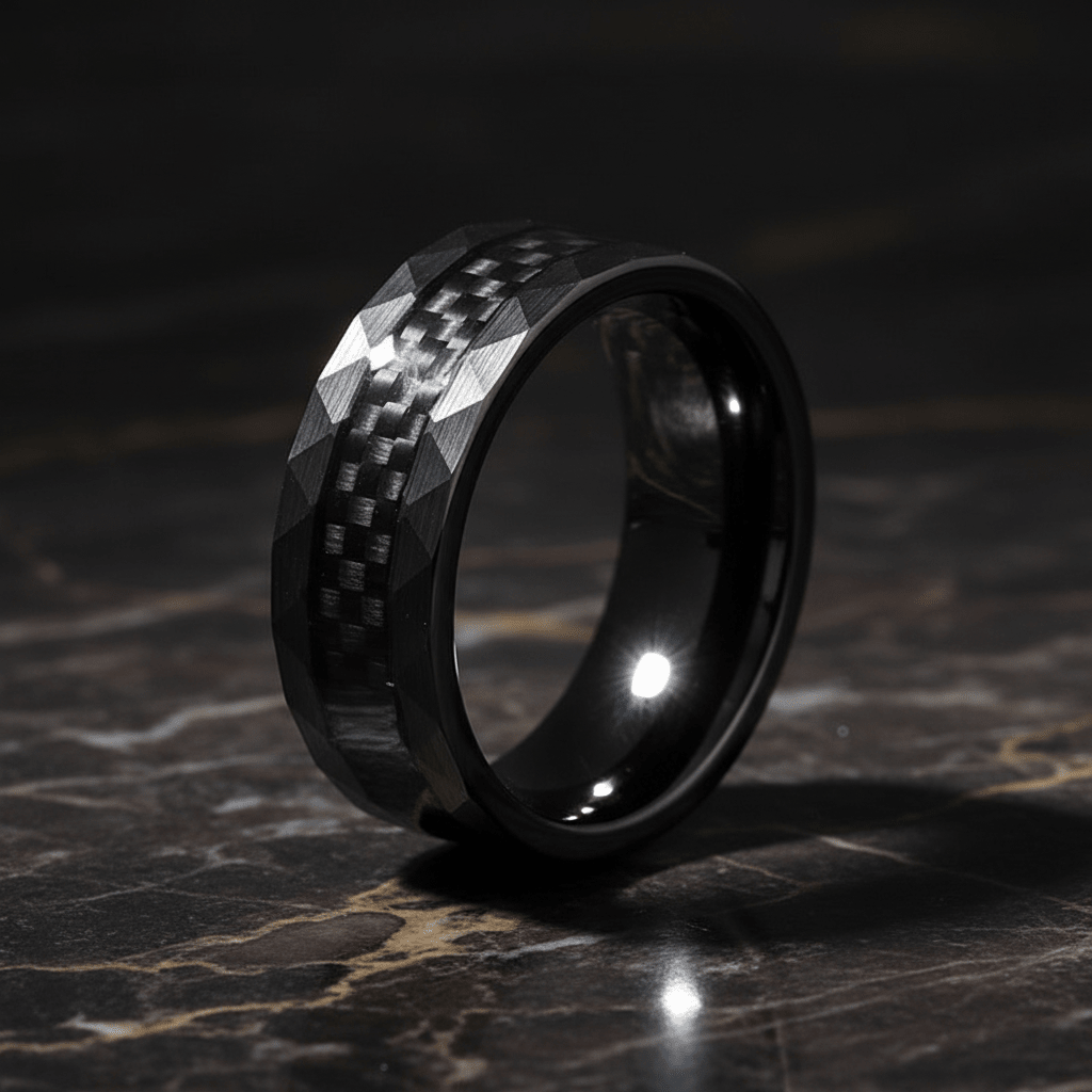 SPEEDSTER — Luxury 3/4 angle on dark marble — men's tungsten wedding ring.