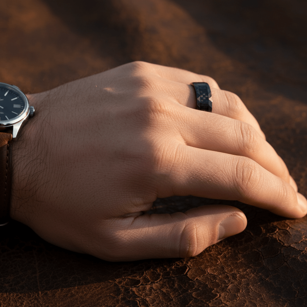 SPEEDSTER — Lifestyle photo on hand — men's tungsten wedding ring.