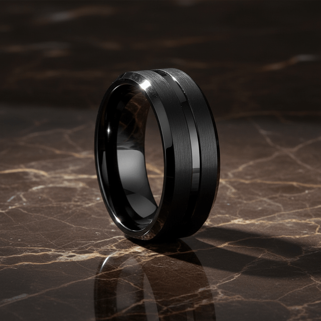 SQUAD — detail view — men's tungsten carbide wedding ring | Aydins Jewelry
