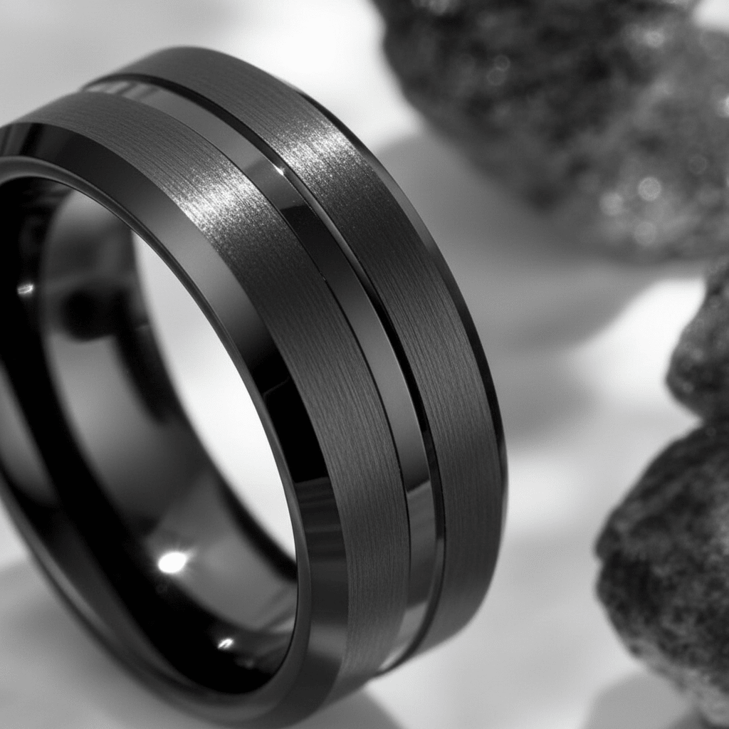SQUAD — close-up detail — men's tungsten carbide wedding ring | Aydins Jewelry