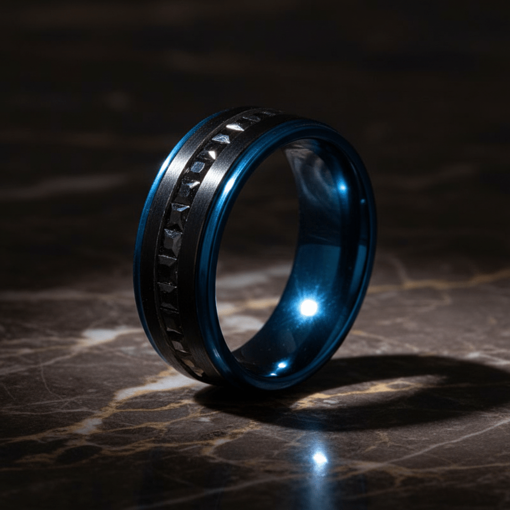 STALLION — Luxury 3/4 angle on dark marble — men's tungsten wedding ring.