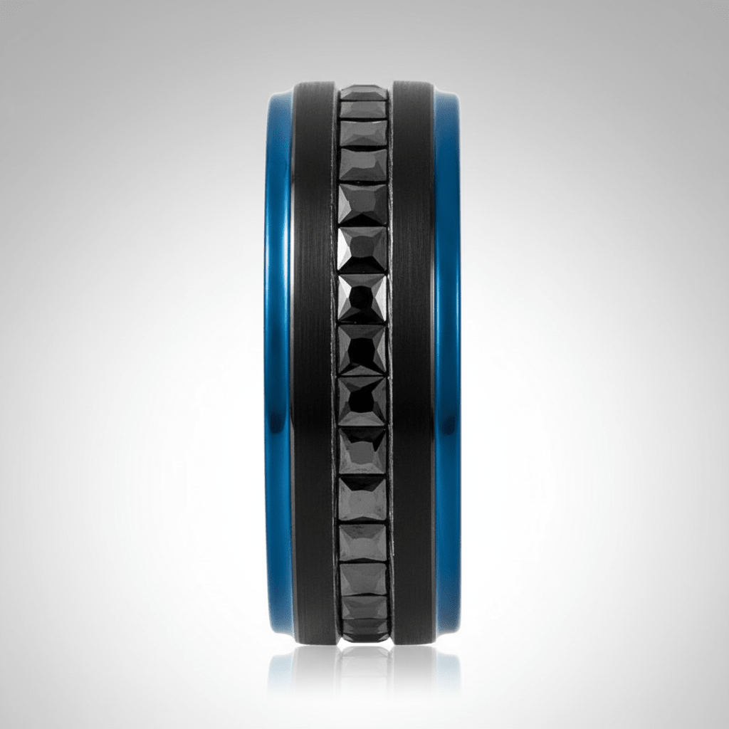 STALLION — Center-through axial view — men's tungsten wedding ring.