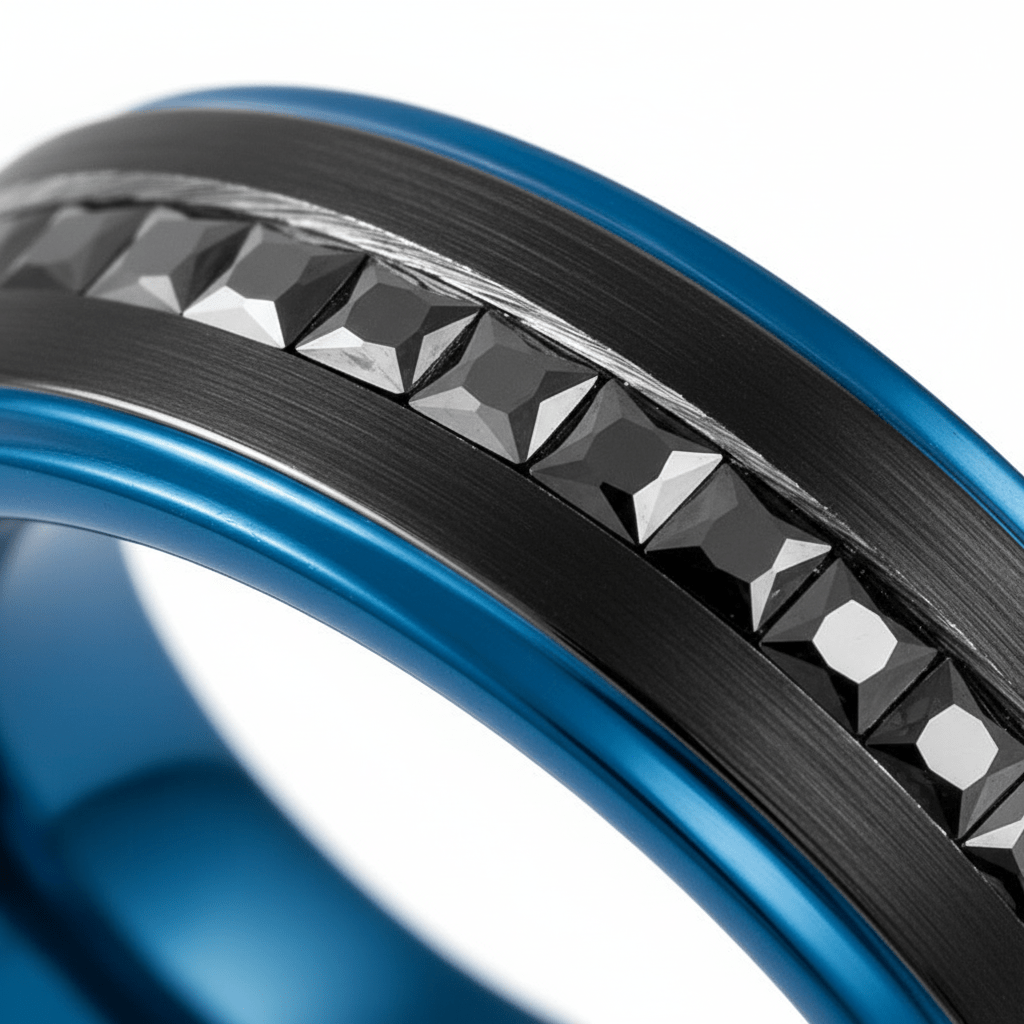 STALLION — Extreme macro detail — men's tungsten wedding ring.