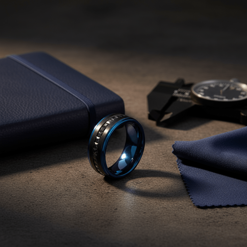 STALLION — Editorial masculine still life — men's tungsten wedding ring.