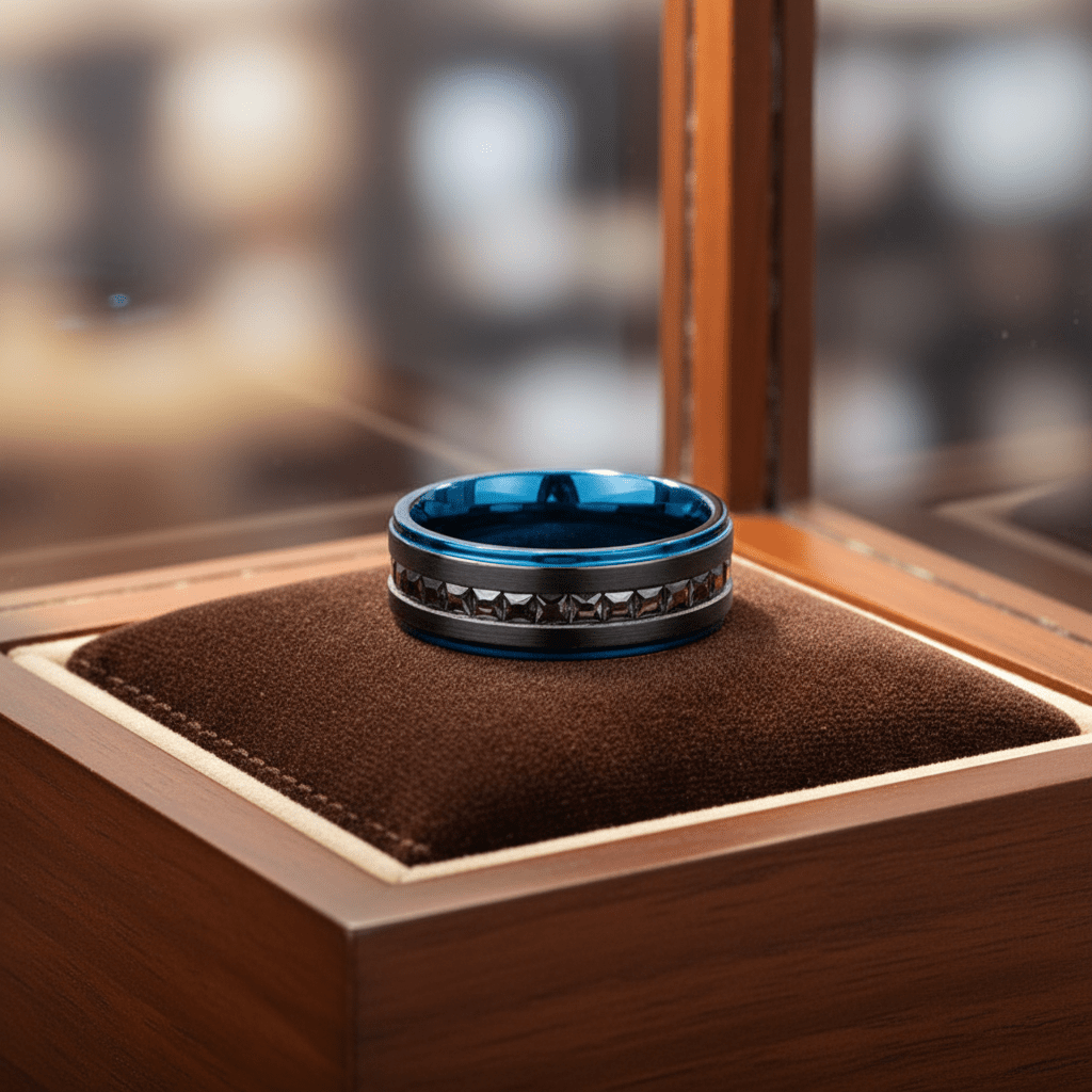 STALLION — Premium boutique display on velvet — men's tungsten wedding ring.