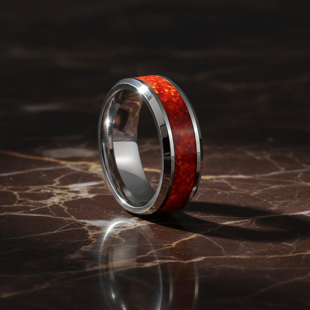 STARFALL — Luxury 3/4 angle on dark marble — men's tungsten wedding ring.