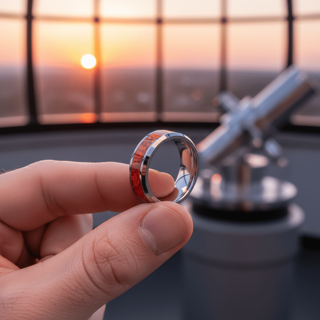 STARFALL — Held between fingers close-up — men's tungsten wedding ring.