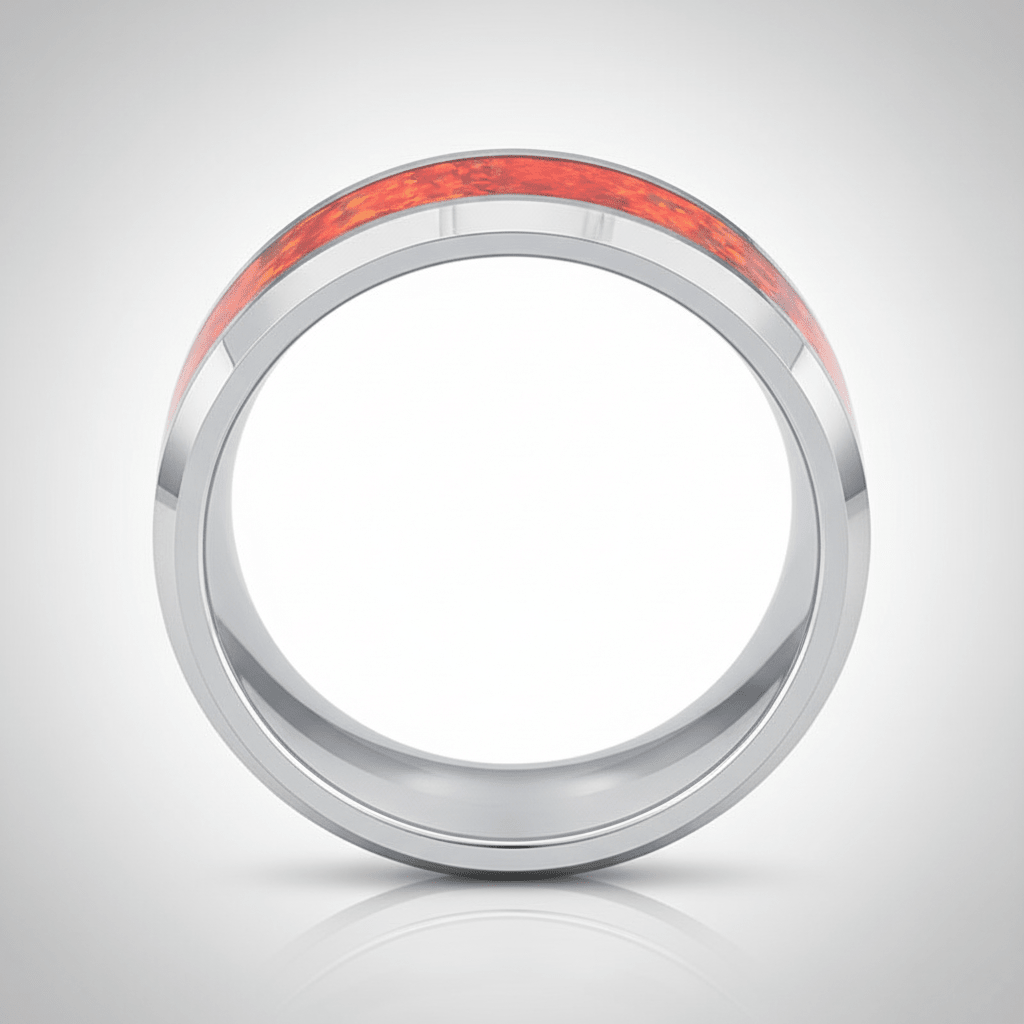 STARFALL — Center-through axial view — men's tungsten wedding ring.