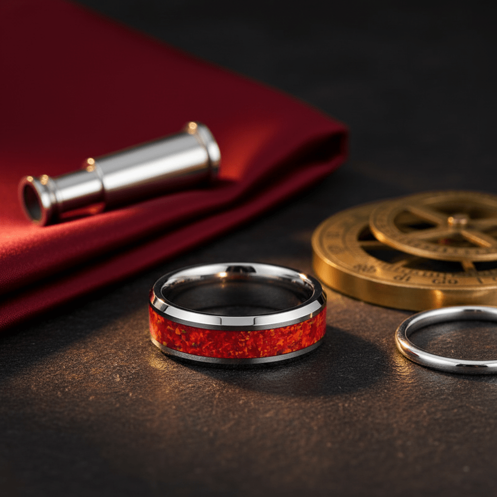 STARFALL — Editorial masculine still life — men's tungsten wedding ring.