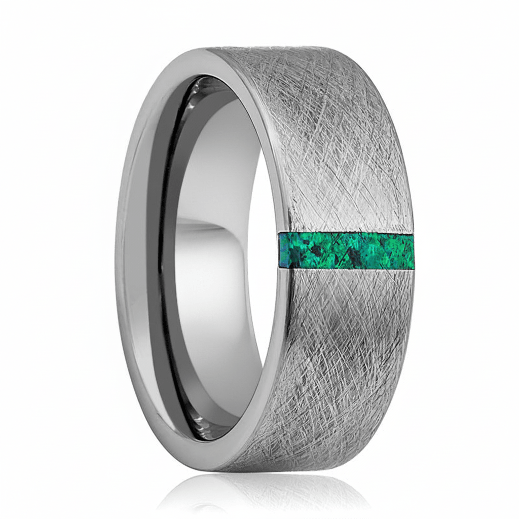 STARK — Hero product shot — men's tungsten wedding ring.