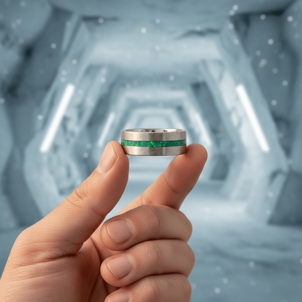 STARK — Held between fingers close-up — men's tungsten wedding ring.