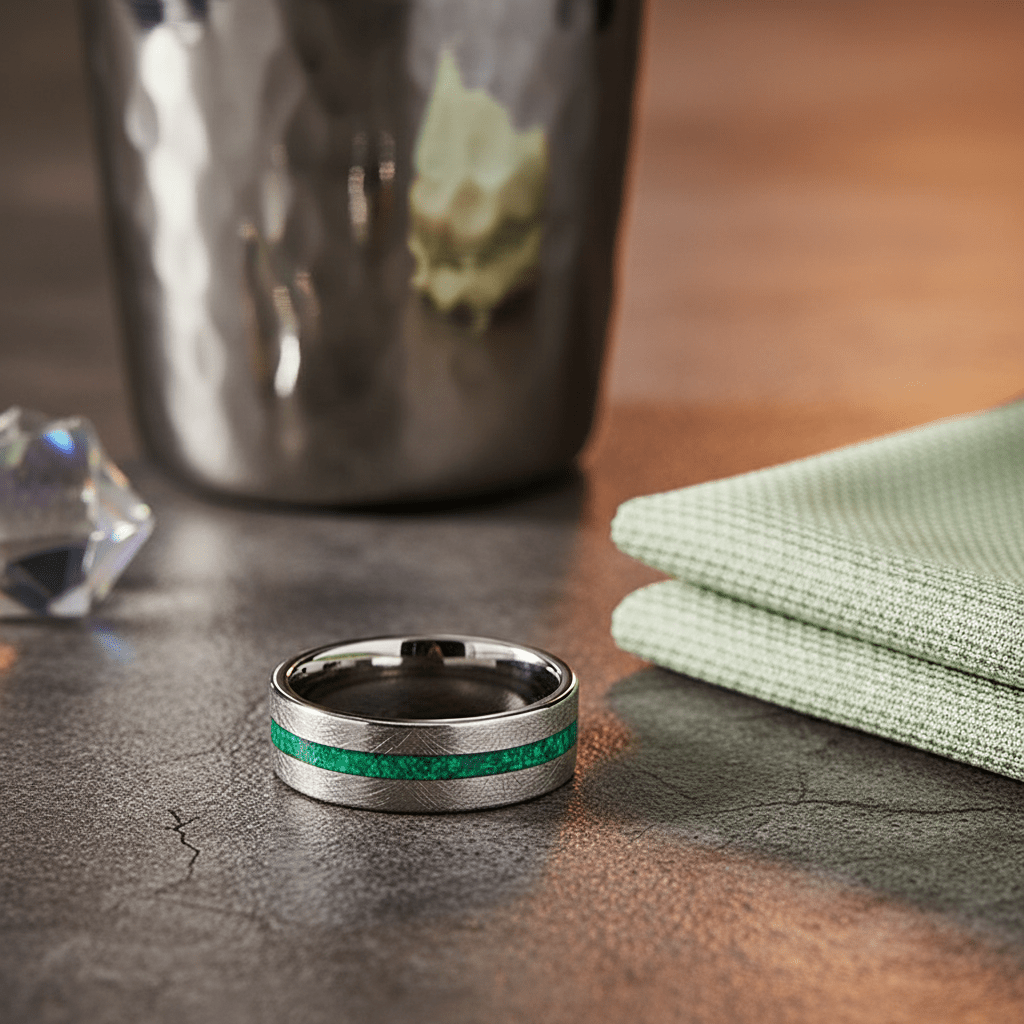 STARK — Editorial masculine still life — men's tungsten wedding ring.