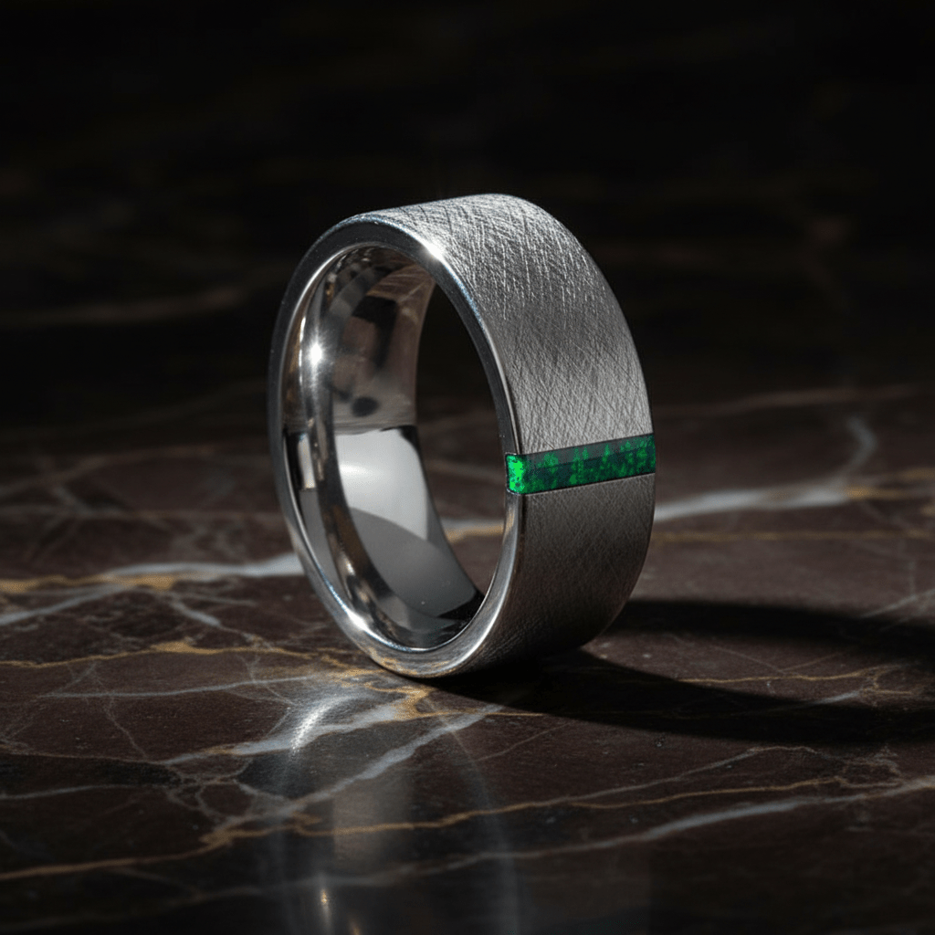 STARK — Luxury 3/4 angle on dark marble — men's tungsten wedding ring.