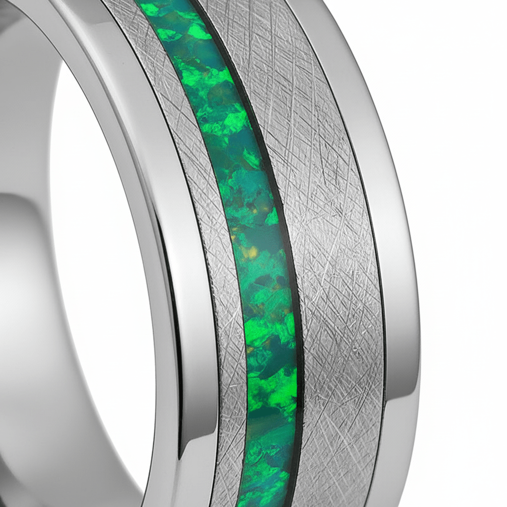 STARK — Extreme macro detail — men's tungsten wedding ring.