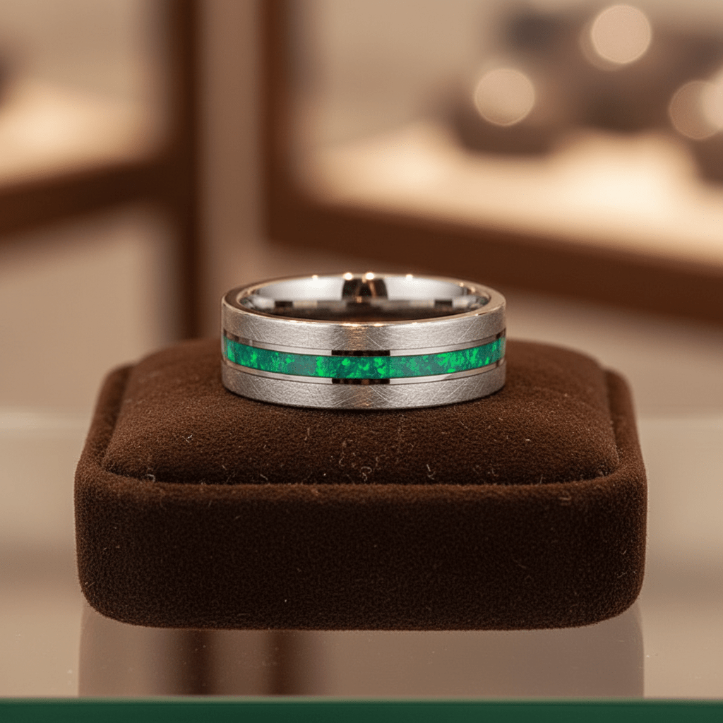STARK — Premium boutique display on velvet — men's tungsten wedding ring.
