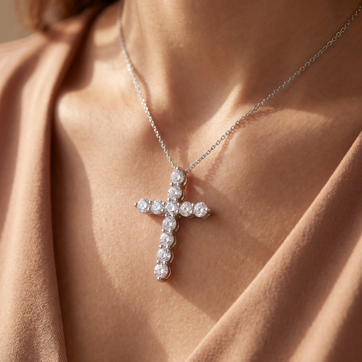 Statement Diamond Cross Necklace 925 silver lab grown diamond necklace being worn, natural daylight lifestyle photo
