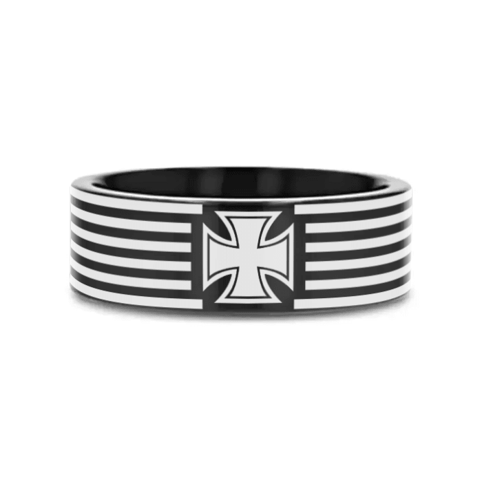 VALOR black tungsten ring with iron cross laser-engraved at the center – Aydins Jewelry