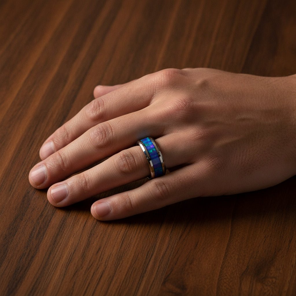 STINGRAY silver tungsten carbide wedding band with blue and purple color-changing opal inlay running around the band and polished edges worn on man's hand resting on walnut wood, lifestyle photo
