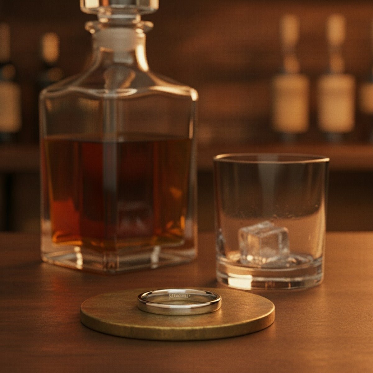 Aydins STOCKTON | White Tungsten Ring Flat lifestyle scene, whiskey decanter bar
