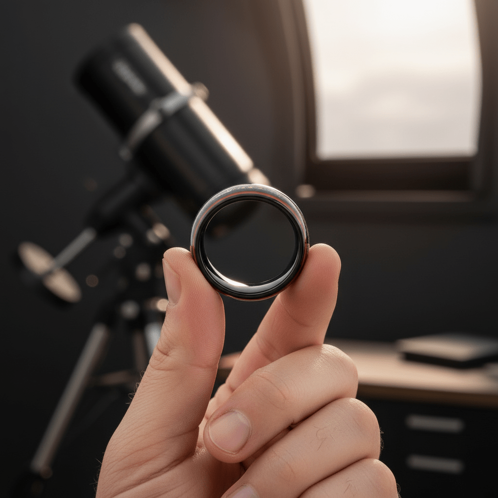 STRIDER — Held between fingers close-up — men's tungsten wedding ring.