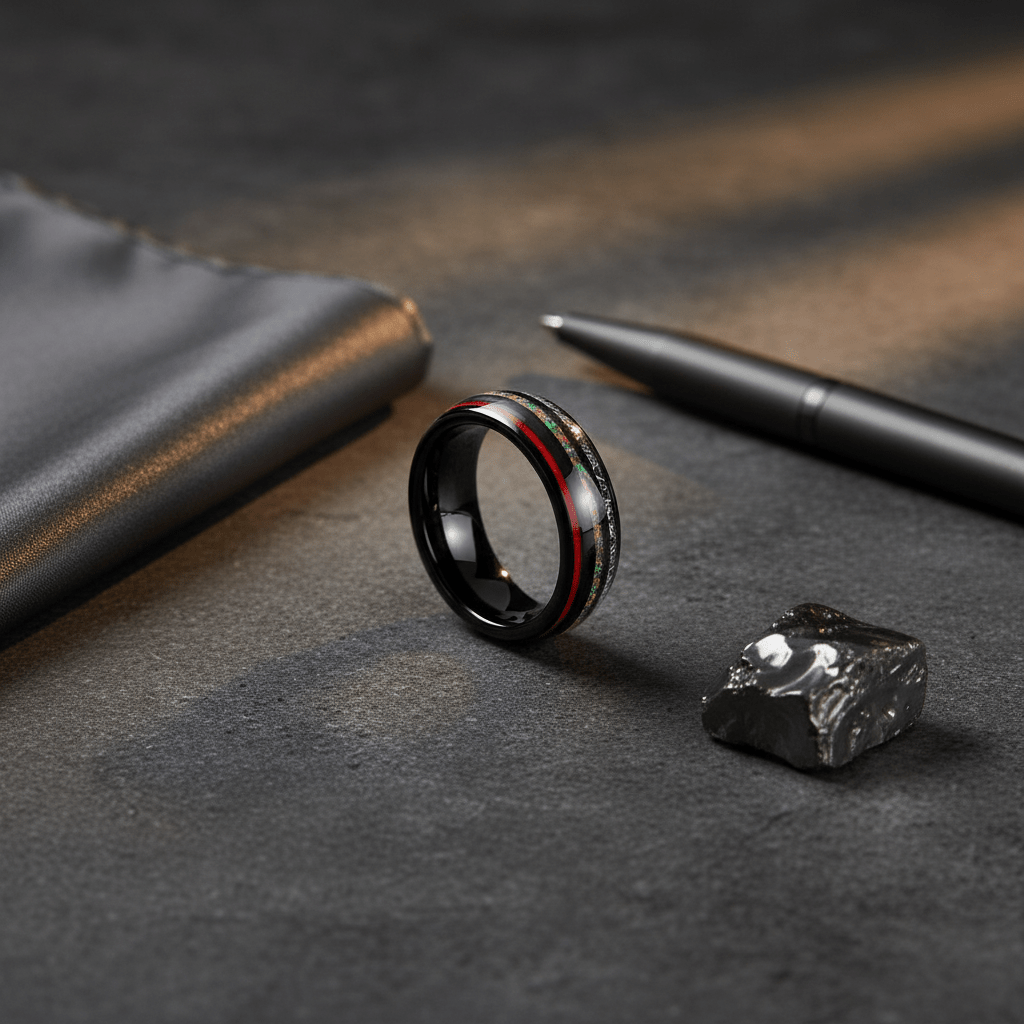 STRIDER — Editorial masculine still life — men's tungsten wedding ring.