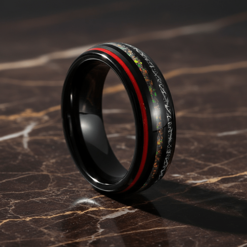 STRIDER — Luxury 3/4 angle on dark marble — men's tungsten wedding ring.