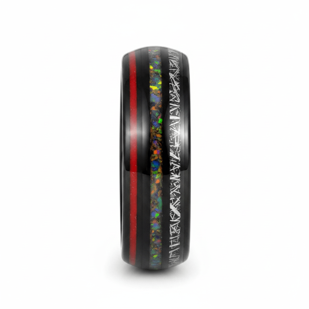 STRIDER — Front-facing straight-on view — men's tungsten wedding ring.