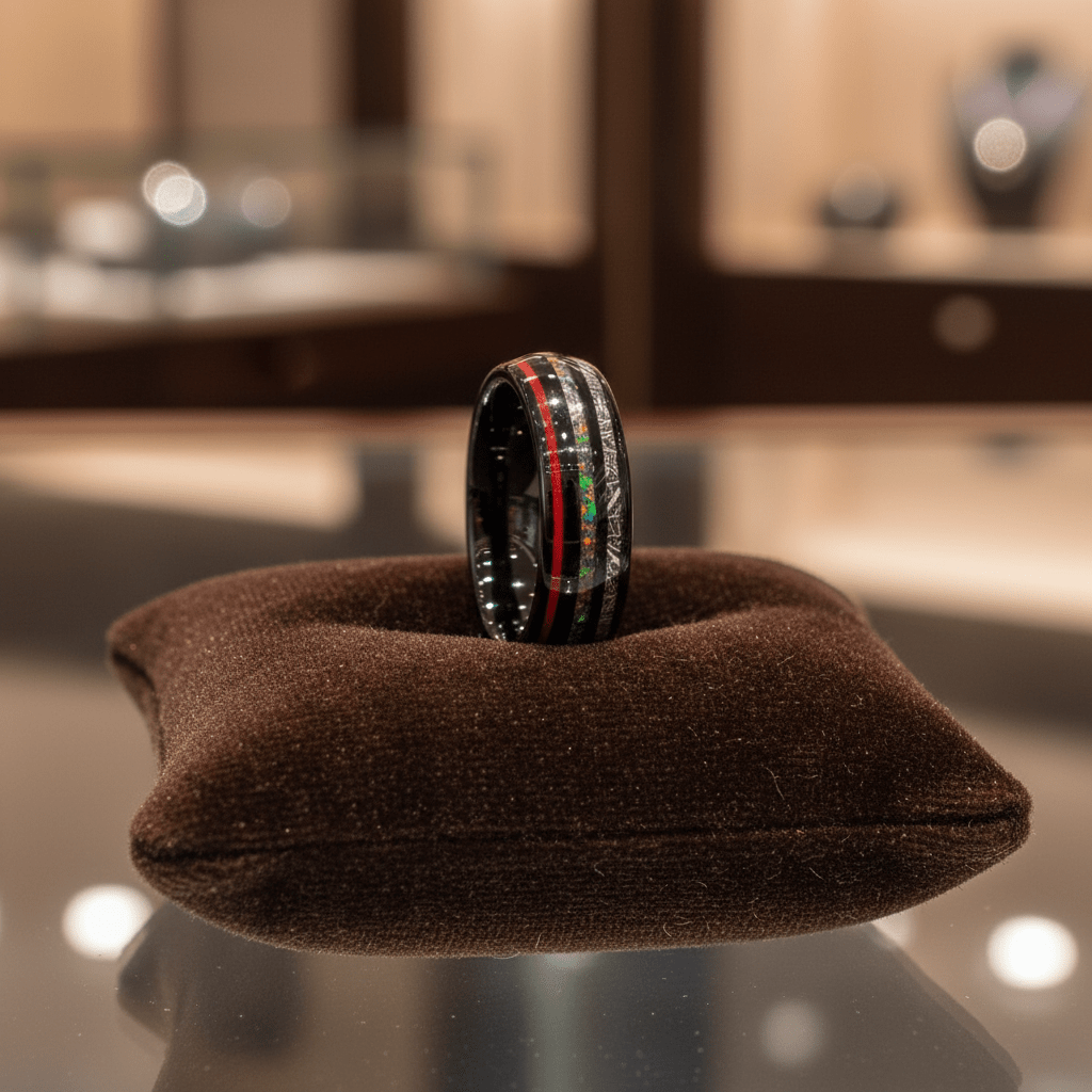 STRIDER — Premium boutique display on velvet — men's tungsten wedding ring.