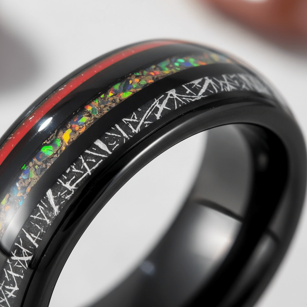 STRIDER — Extreme macro detail — men's tungsten wedding ring.